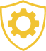 A yellow gear icon within a shield shape with a black background.