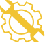 A yellow gear with a wrench crossed out over it is set against a grey background.