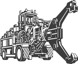 A greyish outline of a construction vehicle with various mechanical parts and tools is present.
