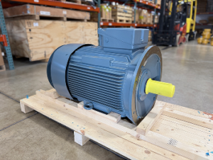 A blue electric motor with yellow shaft sits on a pallet in an industrial setting.