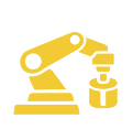 Robot arm with cylindrical object and base icon against grey background.