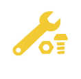 A yellow wrench and a bolt are crossed out with an X symbol over them.