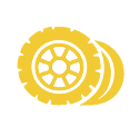 A yellow tire icon with a black rim is set against a grey background.