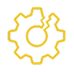 A yellow gear icon with a cracked circle inside it against a grey background.
